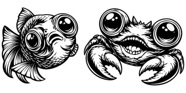 Büyük gözlü balık ve yengeç karakterlerinin siyah ve beyaz vektör çizimi, fotokopi stili, baskılar ve grafik tasarımı için anlamlı çizgi sanatı.