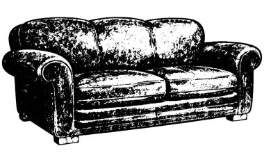 Vintage Sofa İllüstrasyonu, Klasik Döşeme Koltuğu, Oymalı Çizgi Sanatı