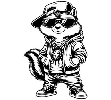 Cool Fox in Streetwear Outfit, Urban Hip Hop Animal Character Black and White Engraving Style Illustration for Prints and Apparel