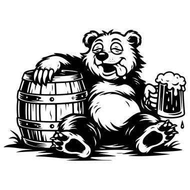 Fıçı, Siyah ve Beyaz İşlemeli Komik Ayı Birası Parmak İzleri, Bar Dekor ve Merch Çizimi