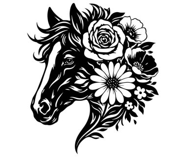Çiçek At Başı İllüstrasyonu, Siyah ve Beyaz Çizgi Sanatı