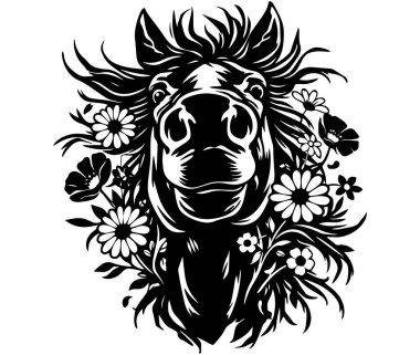 Çiçeklerle çevrili at portresinin siyah ve beyaz vektör illüstrasyonuName