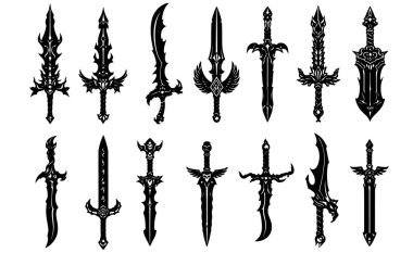 Fantezi Kılıçlar Paketi, Oyunlar için Siyah ve Beyaz Sihirli Bıçaklar Koleksiyonu, Dövmeler, Baskılar ve Karanlık Tasarım