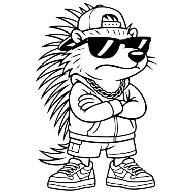 Güneş gözlüklü, spor ayakkabılı, Siyah ve Beyaz Şehir Hayvanları Çizimi 'nde Kirpi Havalı Kirpi