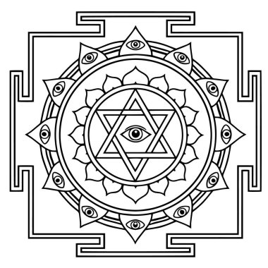 Raja Yantra Kutsal Geometrik Mandala Göz Sembolleri, Siyah ve Beyaz Hindu Tantrik Meditasyon, Ruhsal Dekor ve İşleme Diyagramı