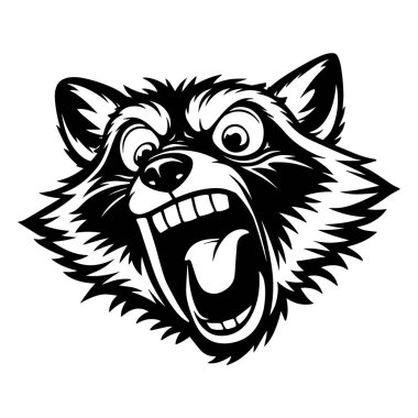 Çılgın rakun kafası, siyah beyaz çizgili abartılı çığlık atan yüz ifadesi.