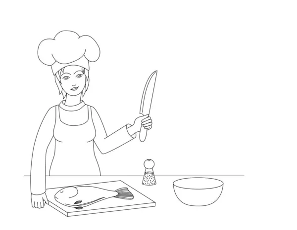 Cocinera Mujer Una Imagen Esquemática Una Mujer Chef Cortando Pescado — Archivo Imágenes Vectoriales