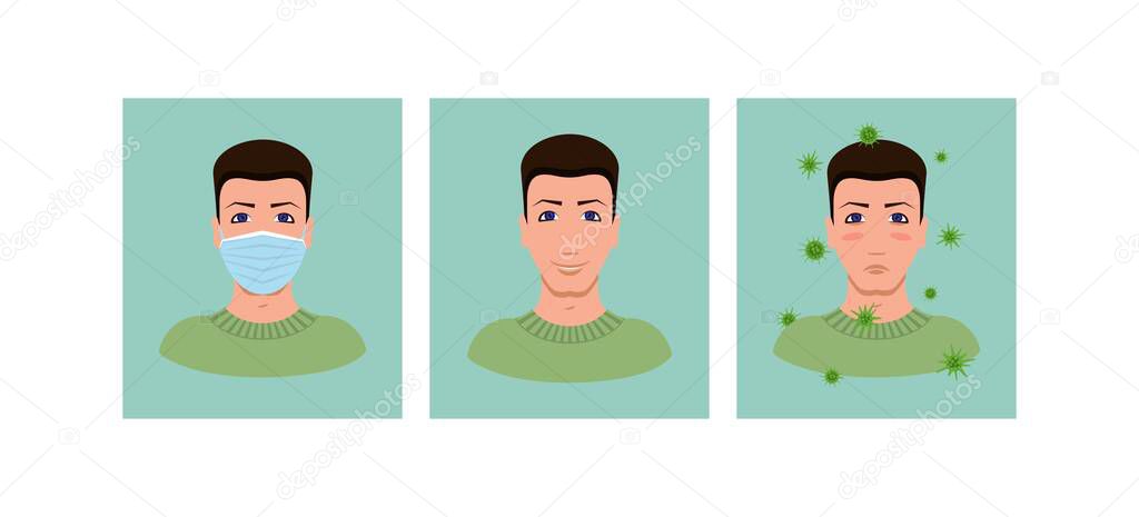 Set of icons. A masked man without a mask and with a viral disease. Multi-colored image on a white background. Vector illustration.