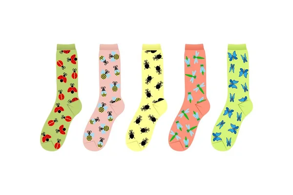 Ein Satz Mehrfarbiger Socken Insektenmuster Auf Den Socken Gestaltungselement Vektorillustration — Stockvektor