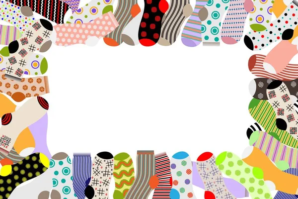 Horizontales Bild Mehrfarbiger Socken Mit Unterschiedlichen Mustern Auf Weißem Hintergrund — Stockvektor