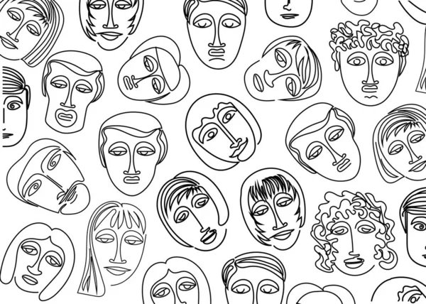 Ανθρώπινα Πρόσωπα Είναι Ζωγραφισμένα Στυλ Πρωτοπορίας Οριζόντια Υφή Εικόνα Περιγράμματος — Διανυσματικό Αρχείο