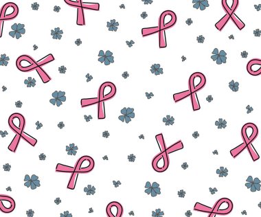 Dünya Göğüs Kanseri Günü. Doku. Soluk mavi çiçeklerin ve beyaz arka planda pembe kurdelelerin renkli görüntüsü. Tasarım elemanı. Vektör illüstrasyonu.