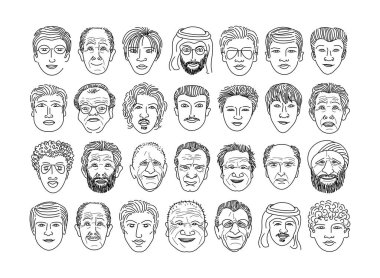 Beyaz bir arka planda farklı milletlerden ve yaşlardan insanların yüz hatları. Taslak siyah. Yakın plan. Tasarım elemanı. Vektör illüstrasyonu.