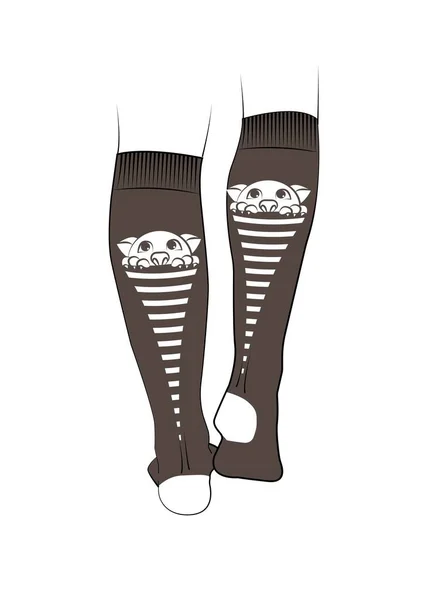 Patas Mujer Calcetines Hay Dibujo Gatito Los Golfos Primer Plano — Vector de stock