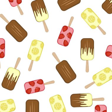 Çikolata, çilek ve limonlu dondurma. Geçmişi. Çizim tarzında çok renkli bir resim. Tasarım elementi. Vektör illüstrasyonu.