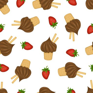 Çilekli çikolatalı dondurma. Kusursuz desen. Çizim tarzında çok renkli bir resim. Tasarım elementi. Vektör illüstrasyonu.