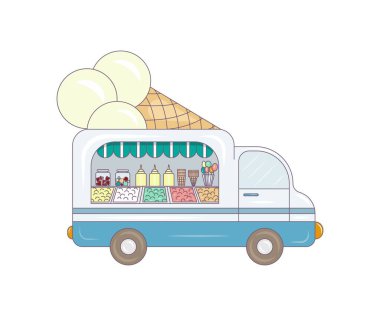 Dondurma kamyonu. Beyaz arkaplanda çizim tarzında çok renkli bir resim. Tasarım elementi. Mesaj için yer var. Vektör illüstrasyonu.