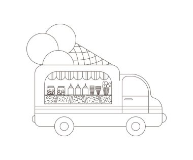 Dondurma kamyonu. Beyaz bir arkaplanda görüntüyü birleştir. Tasarım elementi. Mesaj için yer var. Vektör illüstrasyonu.