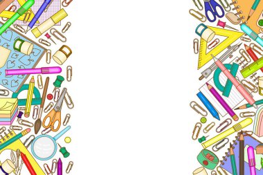 Kırtasiye malzemeleri ve okul malzemeleri. Şablon. Beyaz arkaplandaki nesnelerin çok renkli görüntüsü. Metin için boş yer var. Vectron illüstrasyonu.