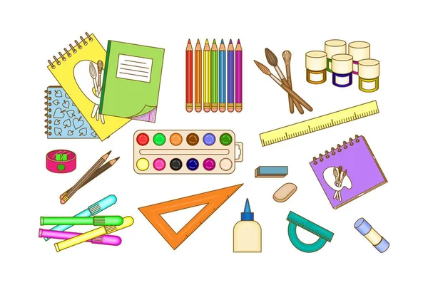 Set Stationery School Supplies Multi Colored Image Objects White Background — Stock Vector