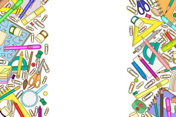 Kırtasiye malzemeleri ve okul malzemeleri. Şablon. Beyaz arkaplandaki nesnelerin çok renkli görüntüsü. Metin için boş yer var. Vectron illüstrasyonu.