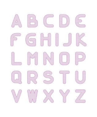 Yazı tipi. Kafeste basılı mektuplar. Harflerin rengi leylak. Yakın plan. Vektör grafikleri.