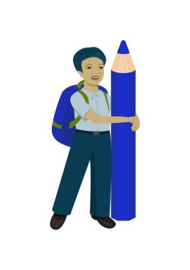 Mavi kalemli bir öğrenci. Beyaz arkaplanda çok renkli bir görüntü. Yakın plan. Tasarım elemanı. Vektör illüstrasyonu.