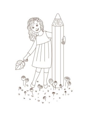 Kalemli liseli kız. Beyaz bir arkaplanda görüntüyü birleştir. Çocuklar için boyama kitabı. Tasarım elemanı. Vektör illüstrasyonu.