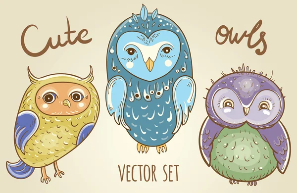 Conjunto de vectores con búhos lindos — Vector de stock