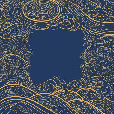 Grafik tasarımı için vektör çizimi. Geleneksel doğu tarzında deniz dalgalarının görüntüsüyle çerçeve şablonu.