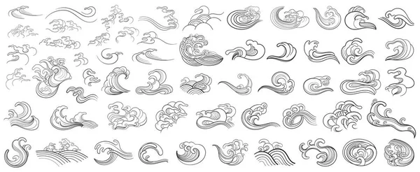 Набор Контурных Векторных Элементов Морскими Волнами Создания Вашего Дизайна Восточный — стоковый вектор