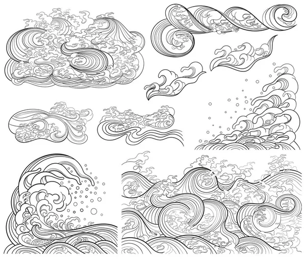 Набор Контурных Векторных Элементов Морскими Волнами Создания Вашего Дизайна Восточный — стоковый вектор