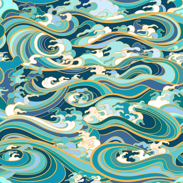 Традиционный Восточный Бесшовный Рисунок Океанскими Волнами Пеной Брызгами Векторный Фон — стоковый вектор