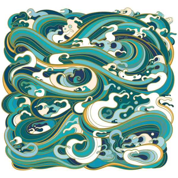 Векторная Иллюстрация Геометрической Формы Квадрата Морскими Волнами Традиционном Восточном Стиле — стоковый вектор