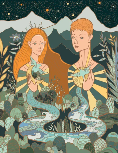 Концептуальная Векторная Иллюстрация Женщины Мужчины Любви Гармонии Природой Самими Собой — стоковый вектор