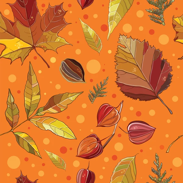 Patrón sin costura vectorial con hojas de otoño conjunto, nueces, árbol . — Archivo Imágenes Vectoriales