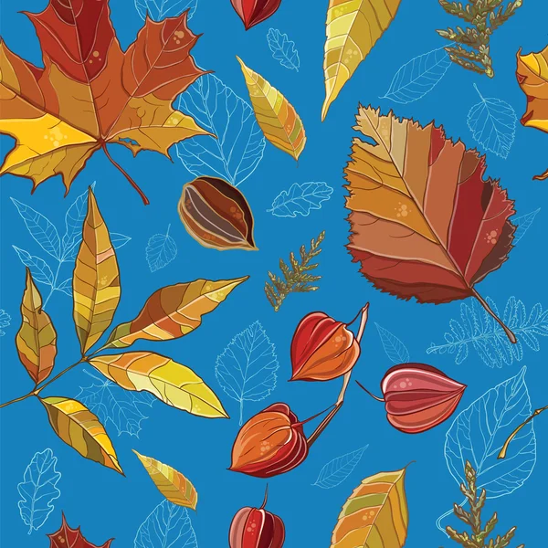 Векторный бесшовный узор с осенними листьями, орехами, деревом . — стоковый вектор