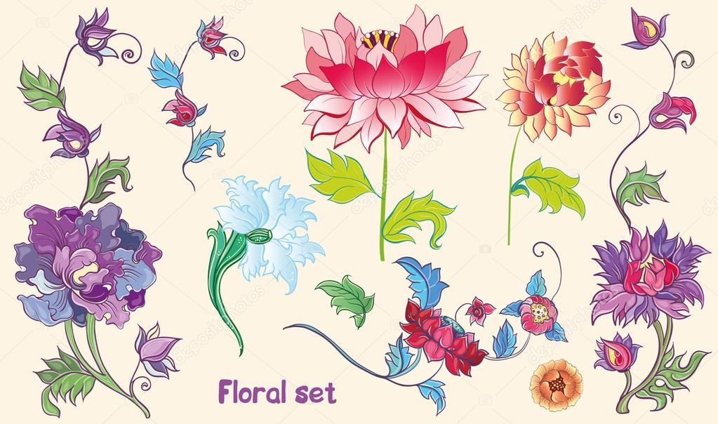 Flowers vector set with lotuses and peonies. asian theme