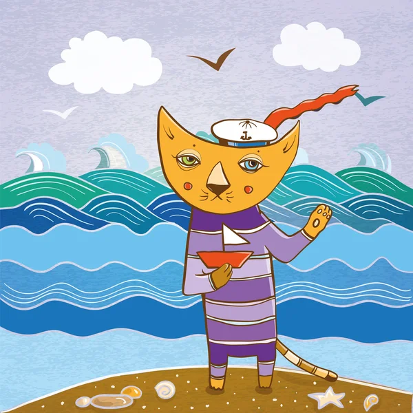 Gato marinero en la playa con un barco — Vector de stock