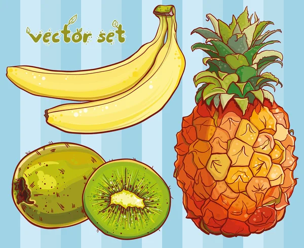 Vector set with banana, kiwi, pineapple — Stock Vector