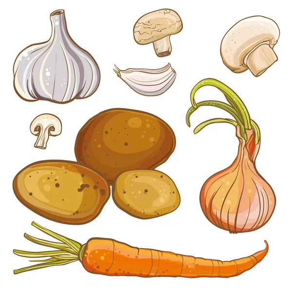 Vector set met ui, wortel, aardappelen, knoflook, champignons — Stockvector