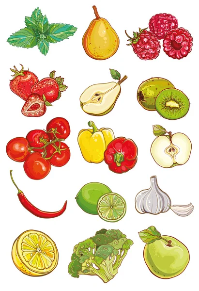 Conjunto vetorial de vegetais frescos, frutas e bagas — Vetor de Stock