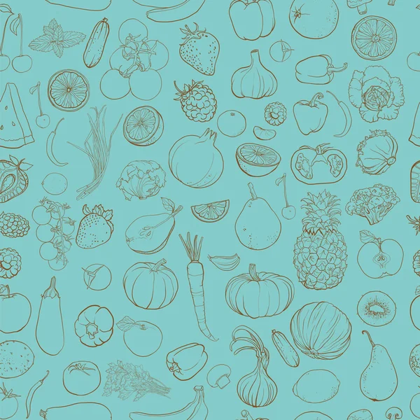 野菜、果物、果実の輪郭の描画とシームレスなベクトル パターン — ストックベクタ