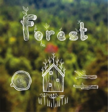 Orman, kulübe, odun, odun ile arka plan bulanık vektör