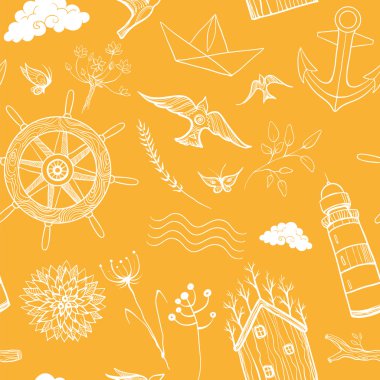 Bahar, yaz seyahat seamless modeli. Deniz ve orman tatil.