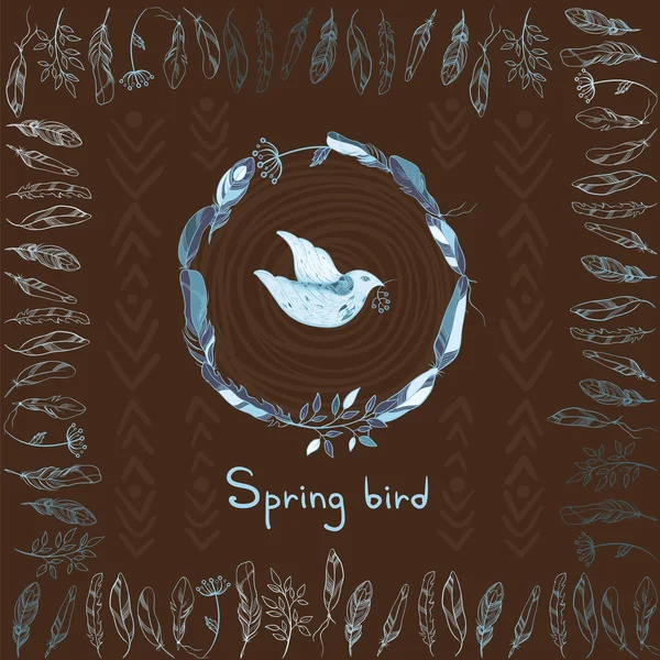 Vector background with spring bird and frame made of feathers — Stock Vector