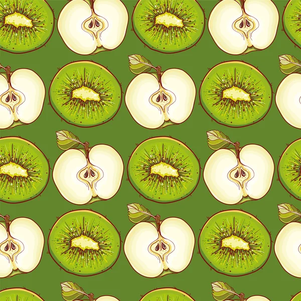 Green seamless pattern with apples and kiwis — Stock Vector