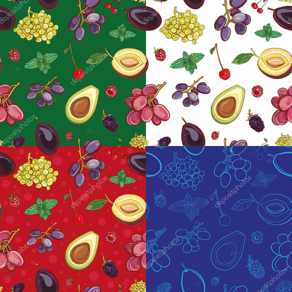 Seamless vector pattern with grapes, plums, cherries, avocado, m