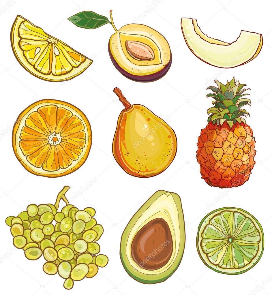 Vector set with fruits and berries: yellow, green and orange