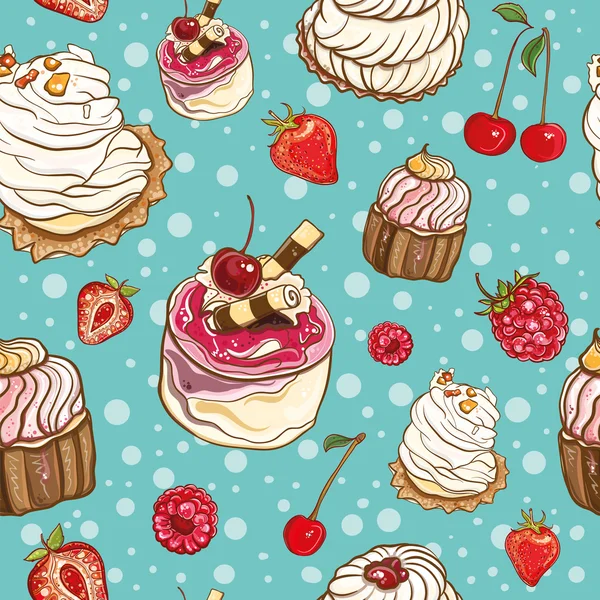 Seamless pattern with cakes and berries — Stock Vector